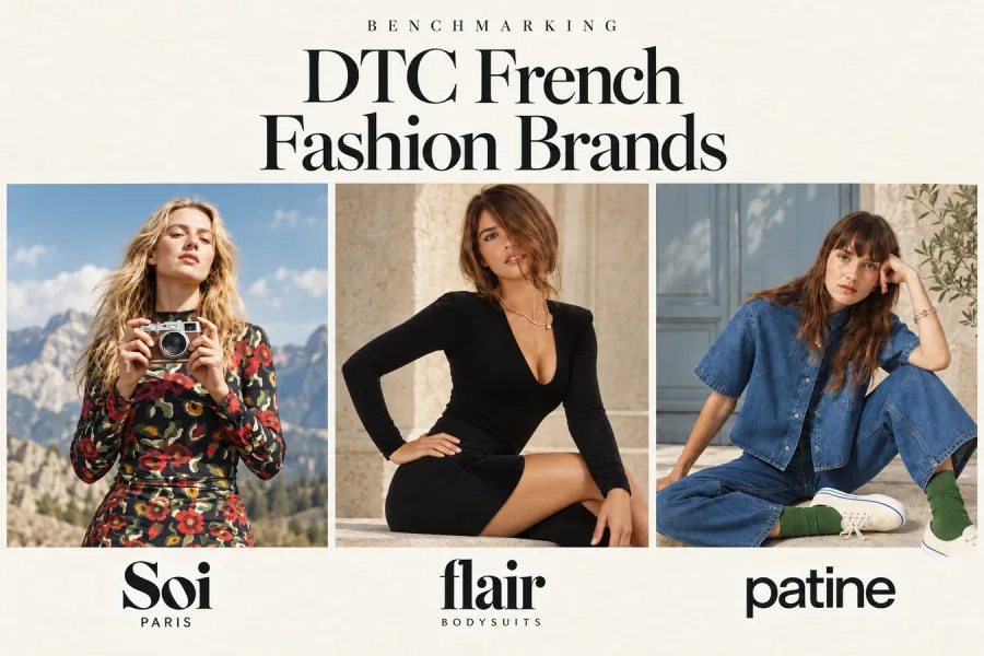 Benchmarking DTC French fashion brands: three models wearing Soi Paris, Flair Bodysuits and Patine, above each brand logo