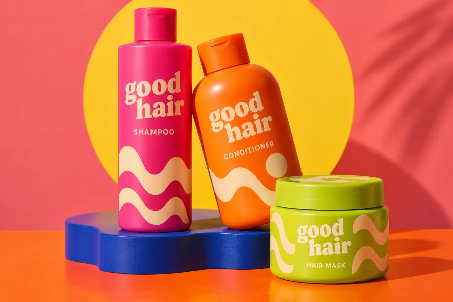 Colorful haircare packshot with pink shampoo, orange conditioner and a lime-green hair mask