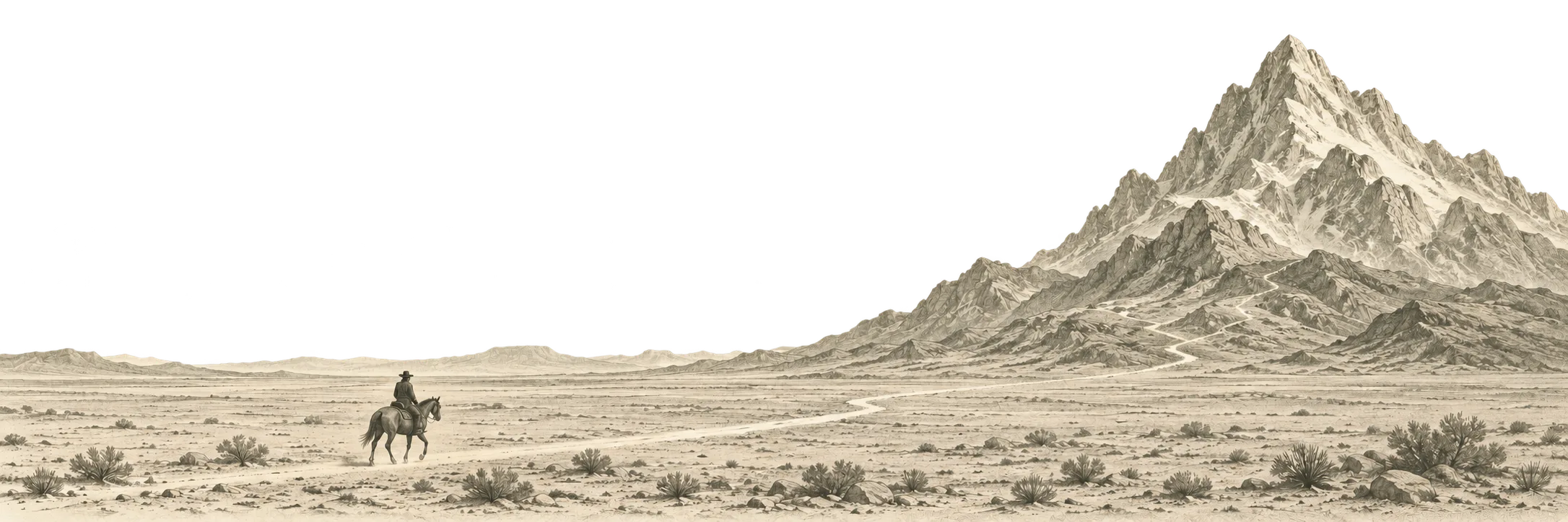 A lone rider crosses a flat desert toward a distant mountain.